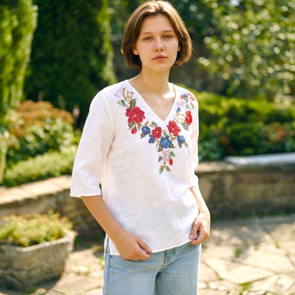 White Linen Cotton Blend Top Cross Stitched Embroidery 3/4 Sleeves Sz L